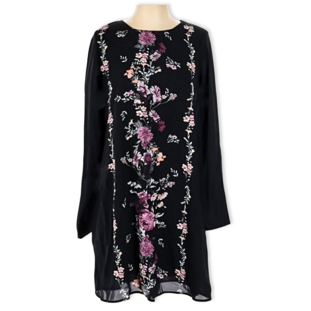 Black Floral Long Sleeve Mini Shift Dress
